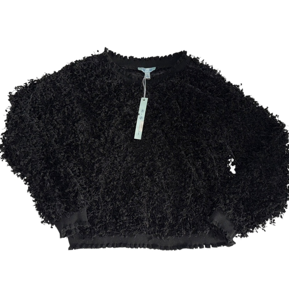 NWT Black Fuzzy Sweater Women’s Sherpa Cropped Knitted Witchy Crew Neck Size L - Picture 2 of 6